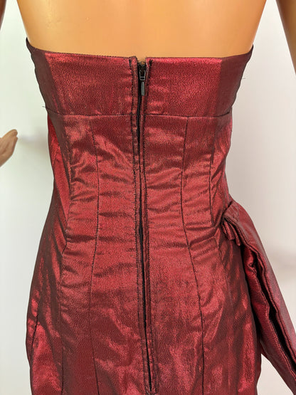 XS | 1950s Style Red Lamé Strapless Evening Dress