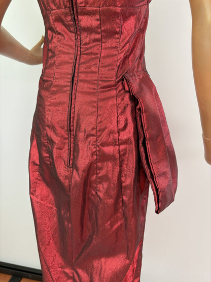XS | 1950s Style Red Lamé Strapless Evening Dress