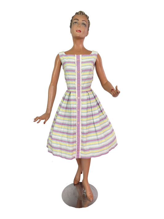 S | 1950s/60s Pastel Barkcloth Dress