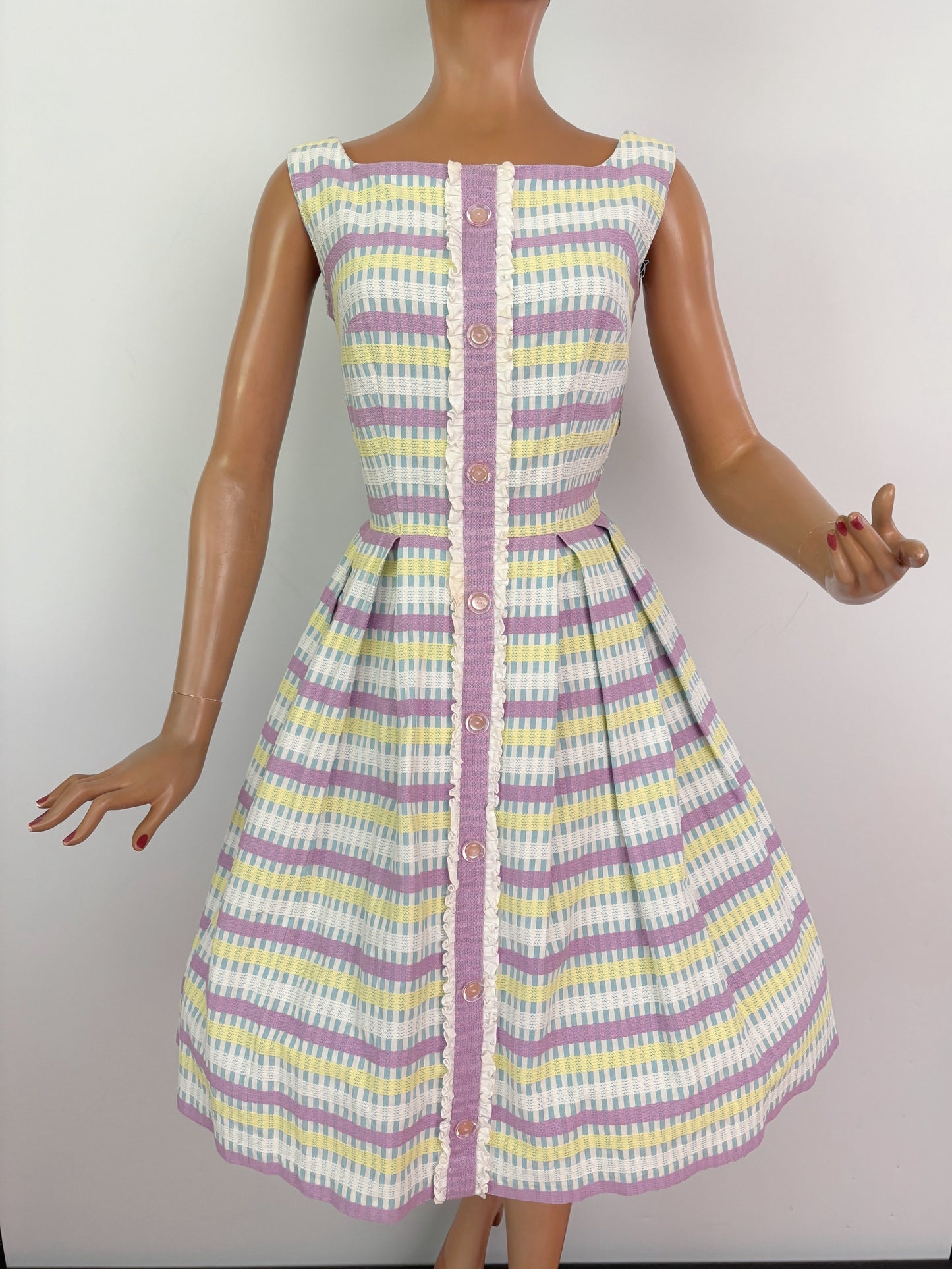 S | 1950s/60s Pastel Barkcloth Dress