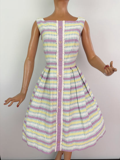 S | 1950s/60s Pastel Barkcloth Dress