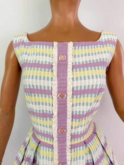 S | 1950s/60s Pastel Barkcloth Dress