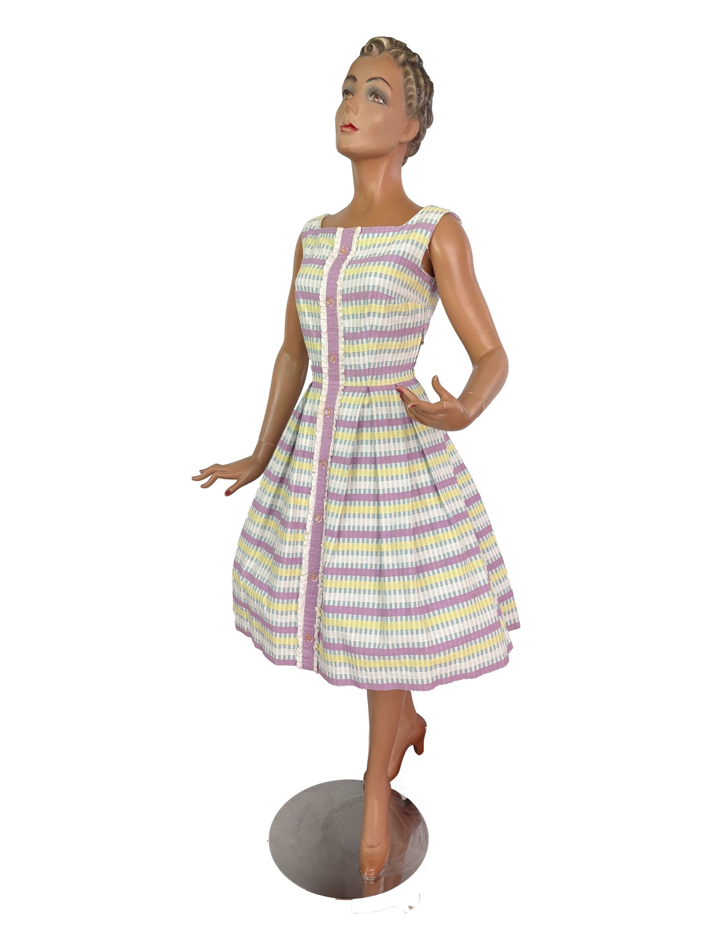 S | 1950s/60s Pastel Barkcloth Dress