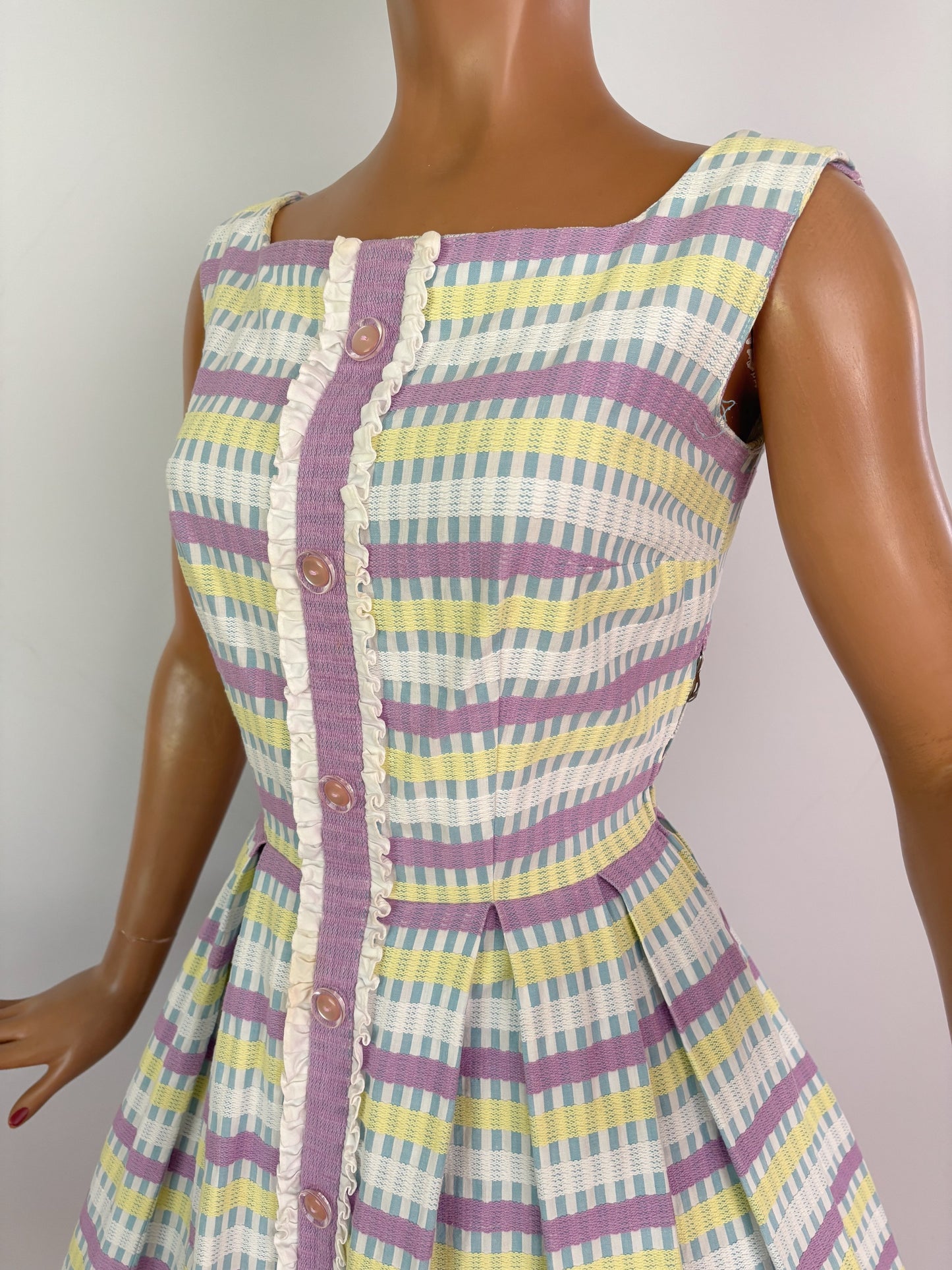 S | 1950s/60s Pastel Barkcloth Dress