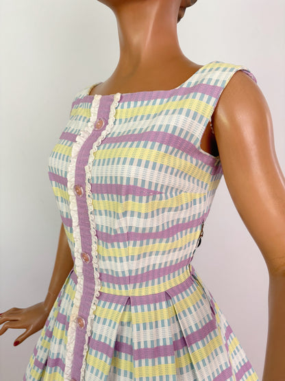 S | 1950s/60s Pastel Barkcloth Dress