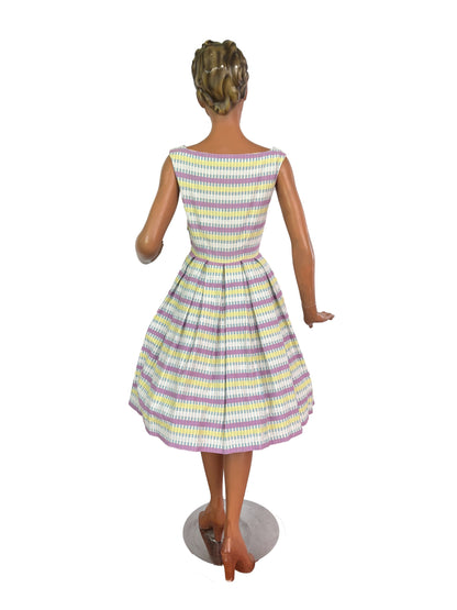 S | 1950s/60s Pastel Barkcloth Dress