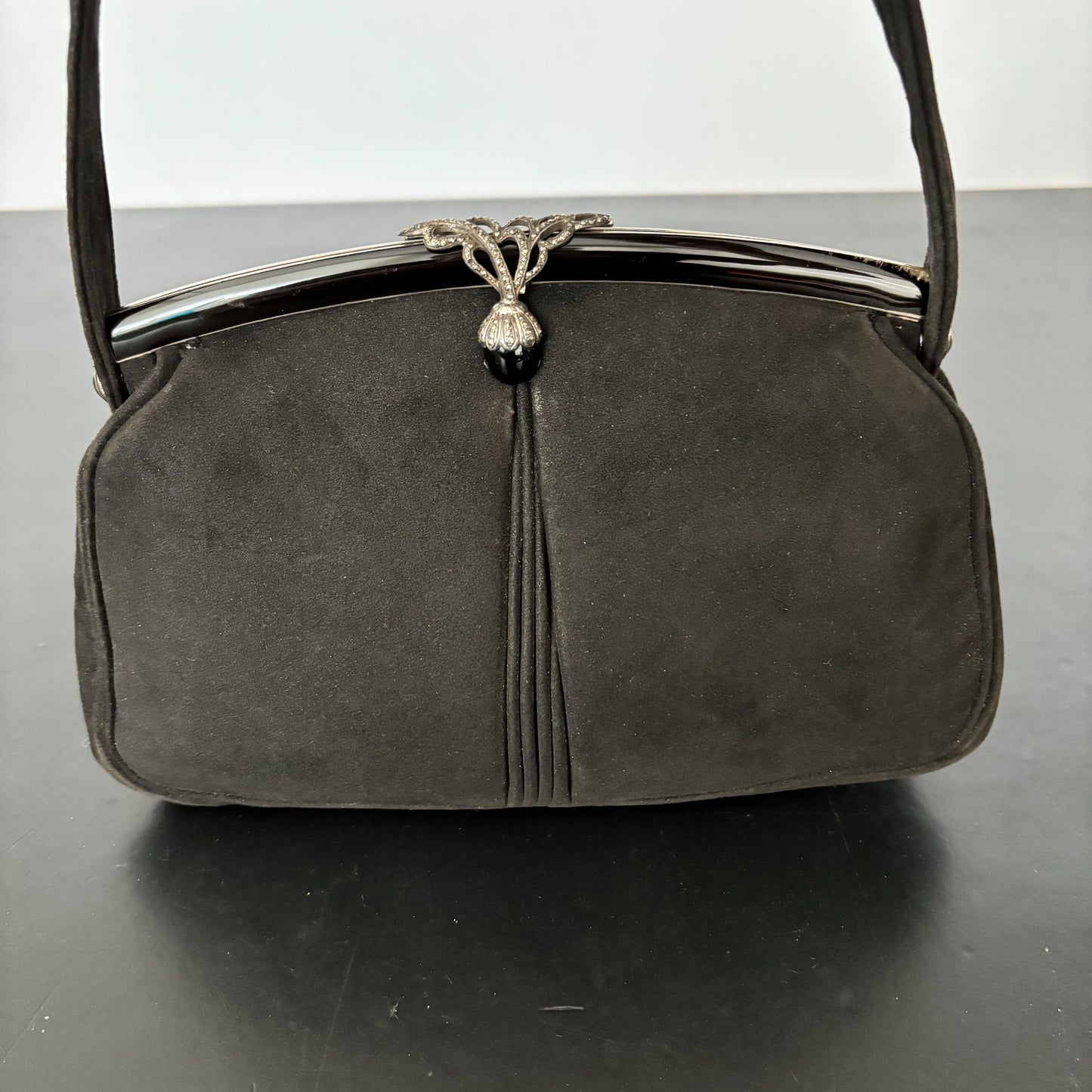 1940s Black Suede Evening Bag