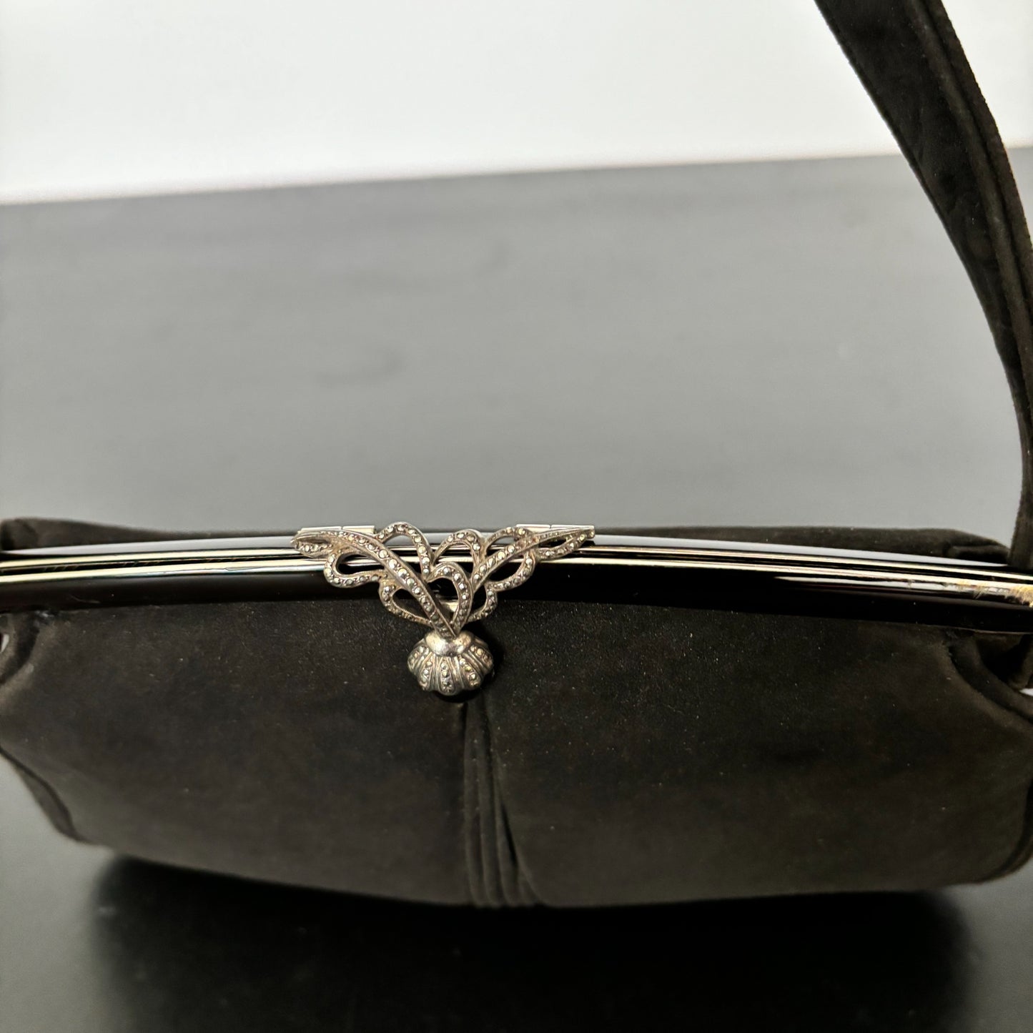 1940s Black Suede Evening Bag