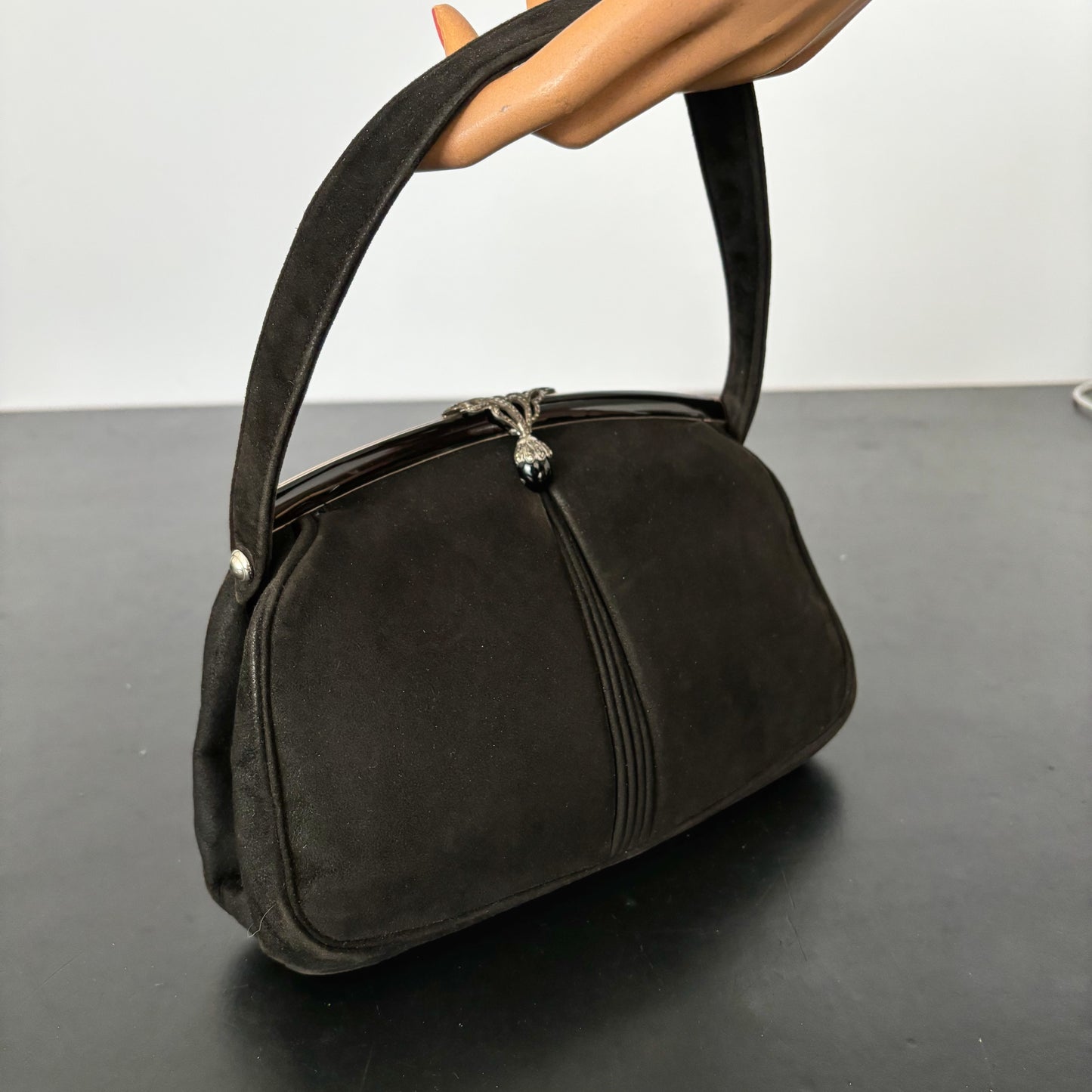 1940s Black Suede Evening Bag