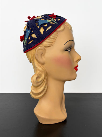 1930s/40s German Felt Calot with Cutouts and Floral Appliqué