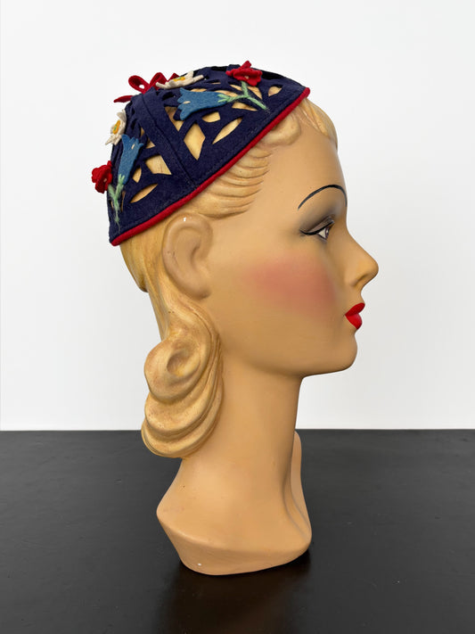 1930s/40s German Felt Calot with Cutouts and Floral Appliqué