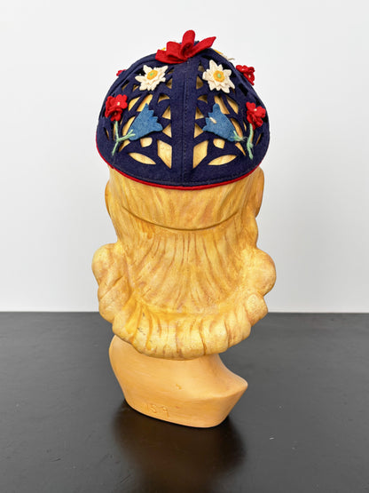 1930s/40s German Felt Calot with Cutouts and Floral Appliqué