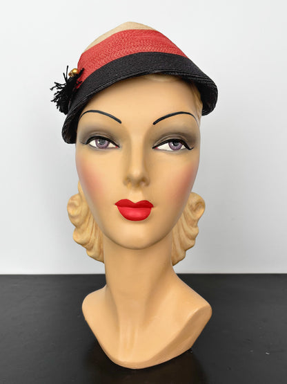 Vintage 1940s Tricolor Raffia Hat with Tassel and Hatpin