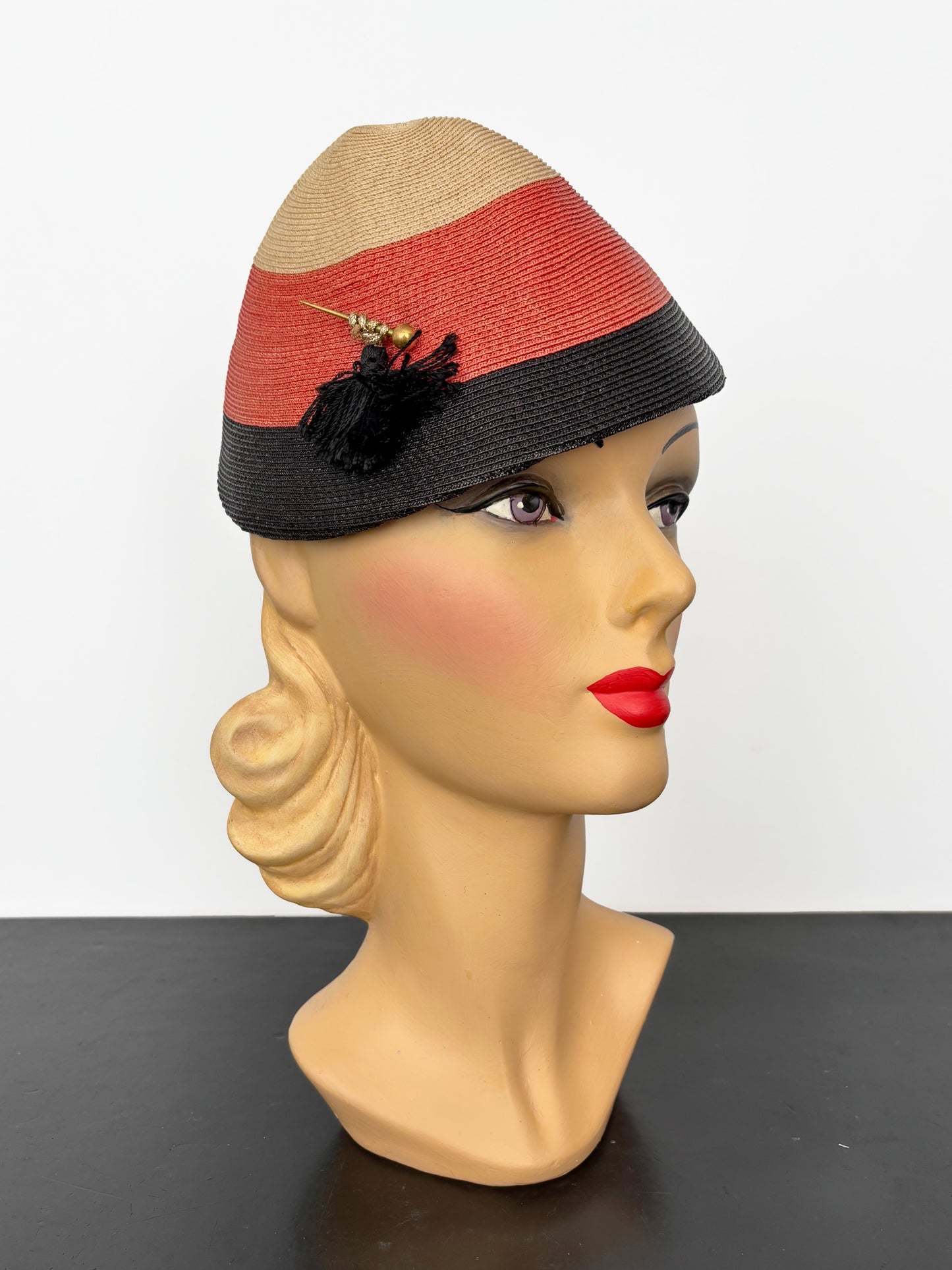 Vintage 1940s Tricolor Raffia Hat with Tassel and Hatpin