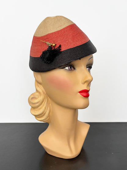 Vintage 1940s Tricolor Raffia Hat with Tassel and Hatpin