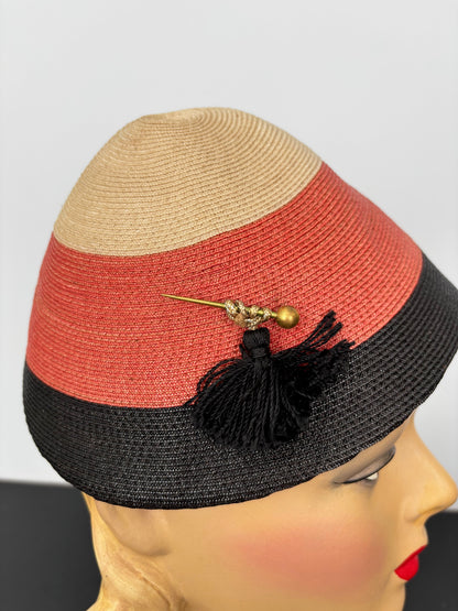 Vintage 1940s Tricolor Raffia Hat with Tassel and Hatpin