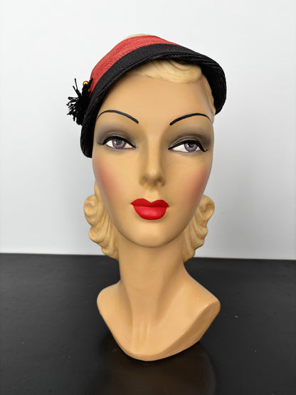 Vintage 1940s Tricolor Raffia Hat with Tassel and Hatpin