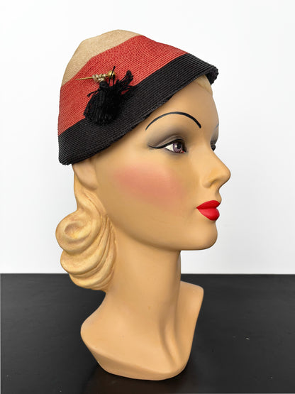 Vintage 1940s Tricolor Raffia Hat with Tassel and Hatpin
