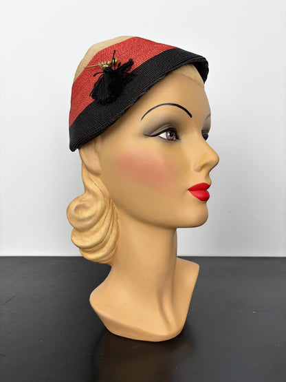 Vintage 1940s Tricolor Raffia Hat with Tassel and Hatpin