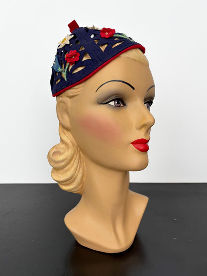 1930s/40s German Felt Calot with Cutouts and Floral Appliqué