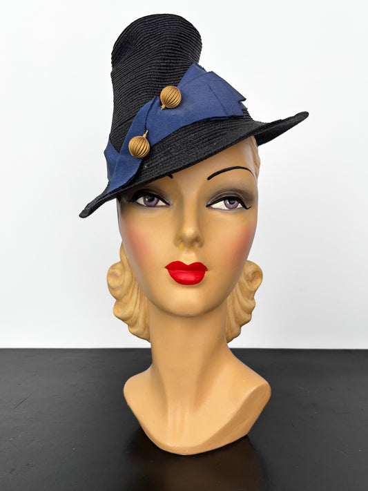 1940s Sisal Chimney Hat with Blue Ribbon and Hat Pin
