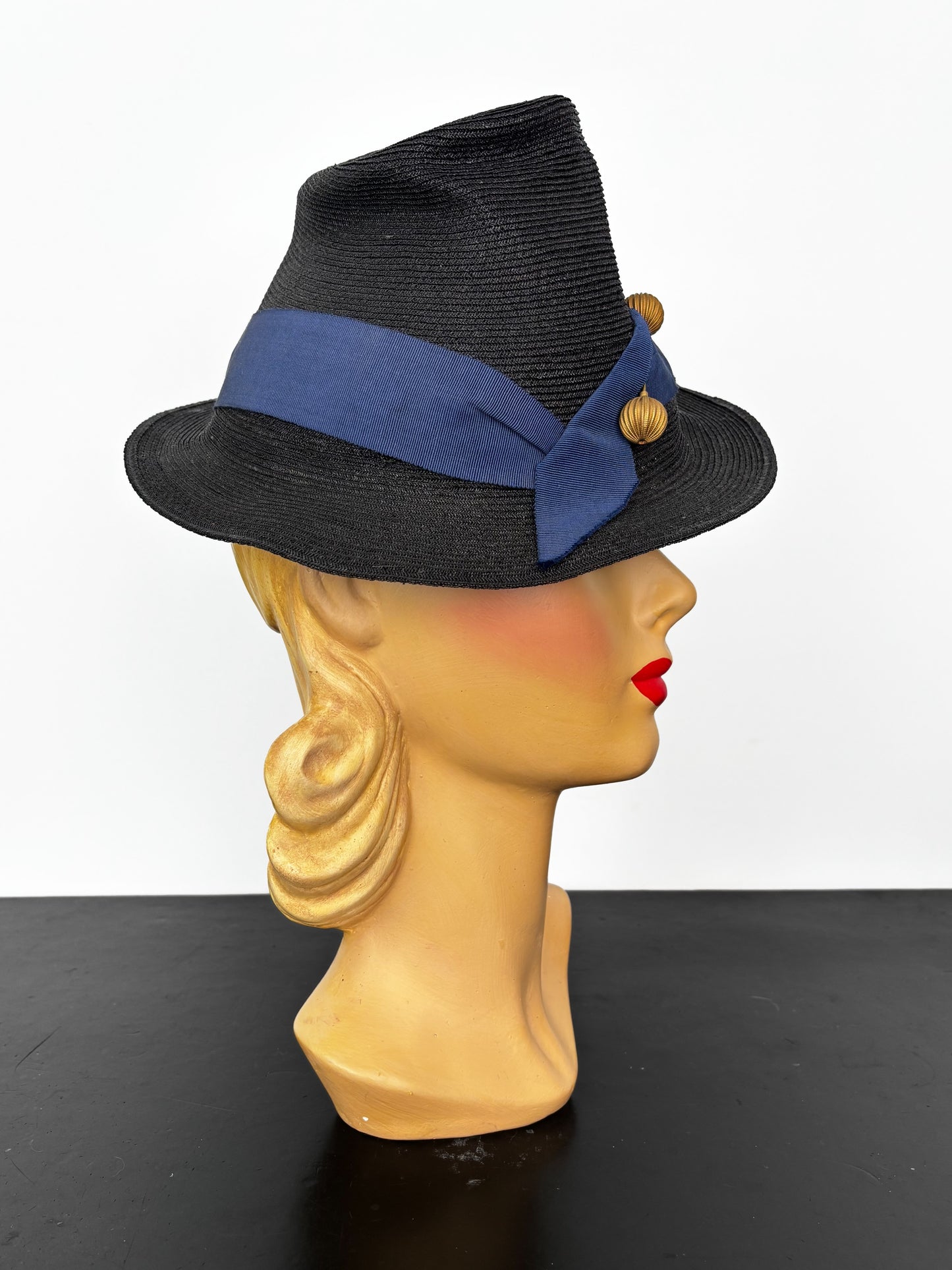 1940s Sisal Chimney Hat with Blue Ribbon and Hat Pin