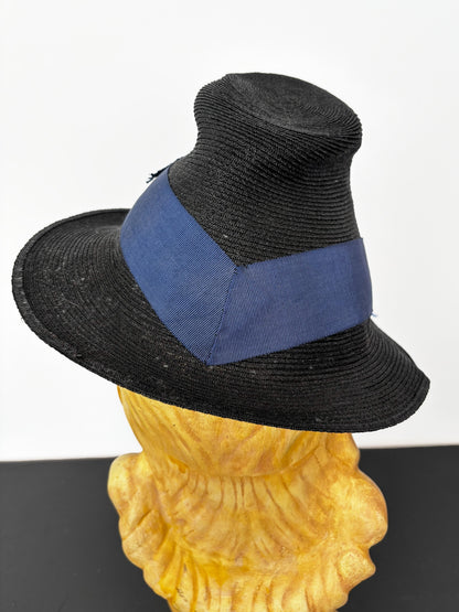 1940s Sisal Chimney Hat with Blue Ribbon and Hat Pin