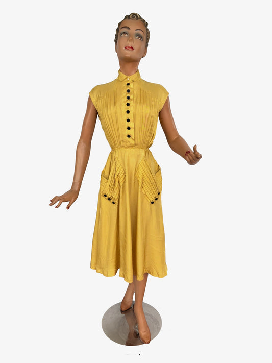 XS | 1940s Yellow Polka Dot Rayon Dress