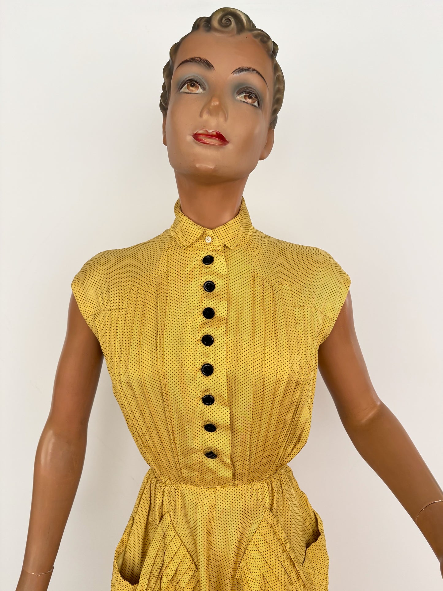 XS | 1940s Yellow Polka Dot Rayon Dress