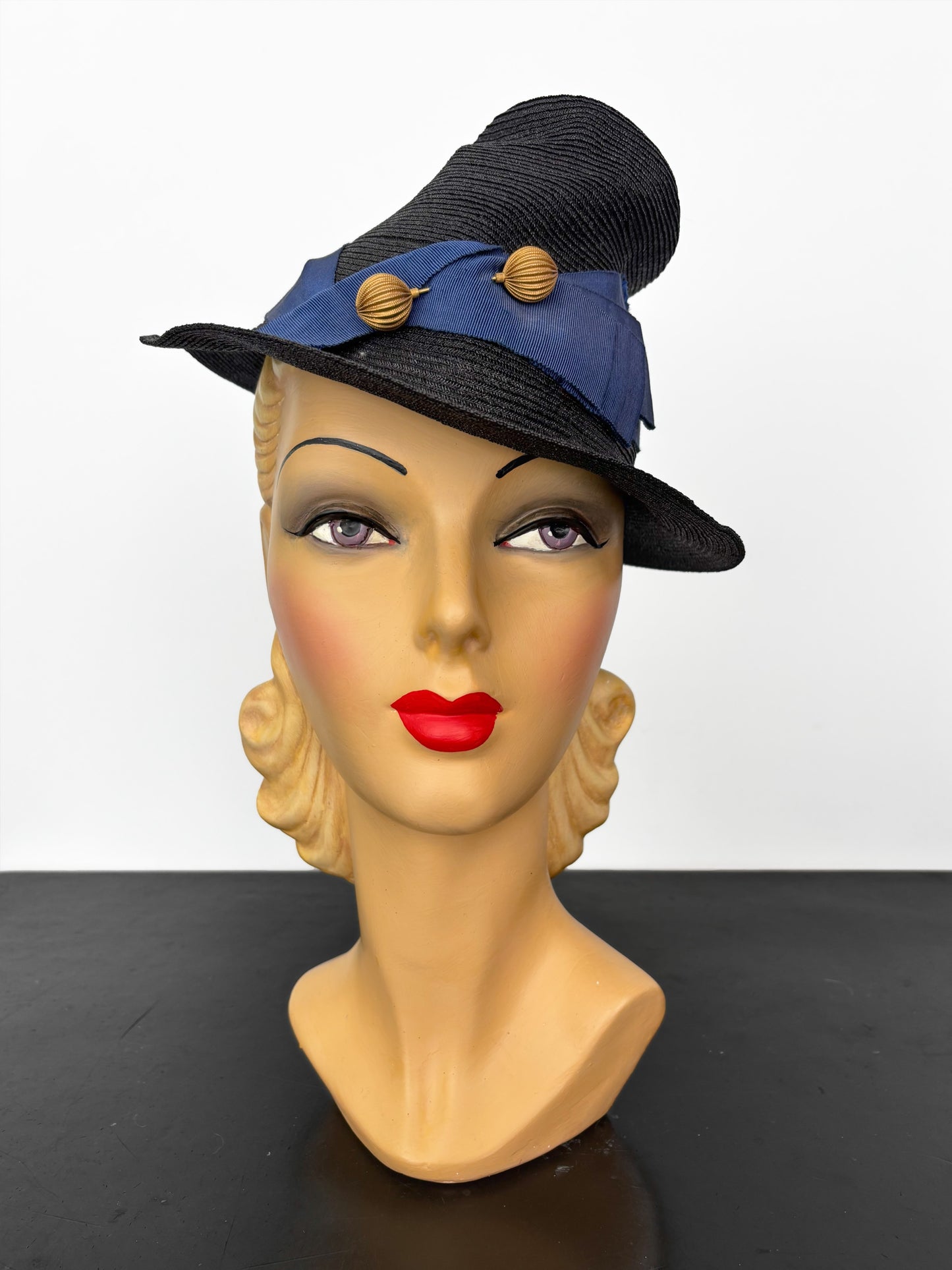 1940s Sisal Chimney Hat with Blue Ribbon and Hat Pin