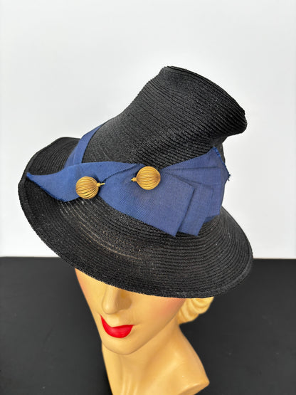 1940s Sisal Chimney Hat with Blue Ribbon and Hat Pin