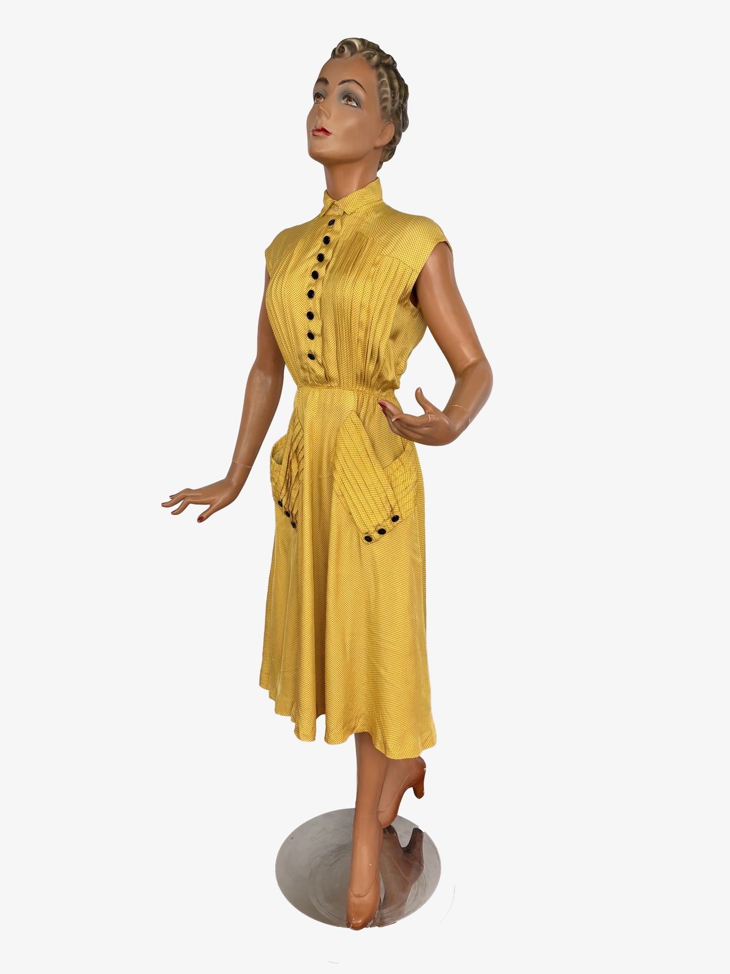 XS | 1940s Yellow Polka Dot Rayon Dress