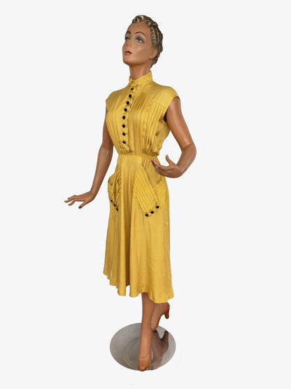 XS | 1940s Yellow Polka Dot Rayon Dress