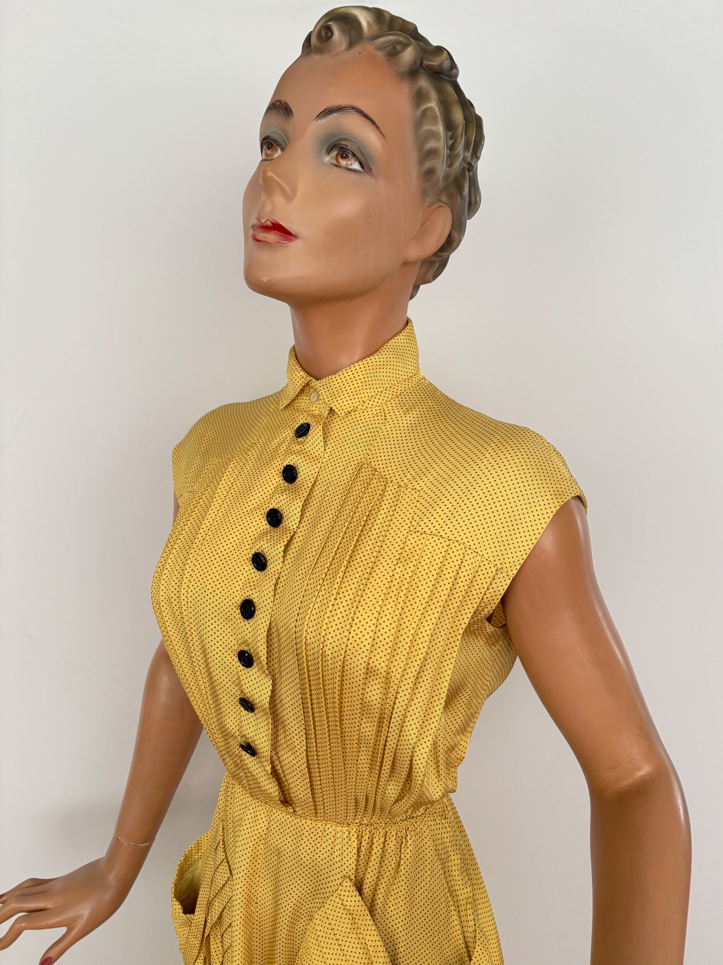 XS | 1940s Yellow Polka Dot Rayon Dress