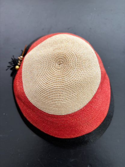 Vintage 1940s Tricolor Raffia Hat with Tassel and Hatpin