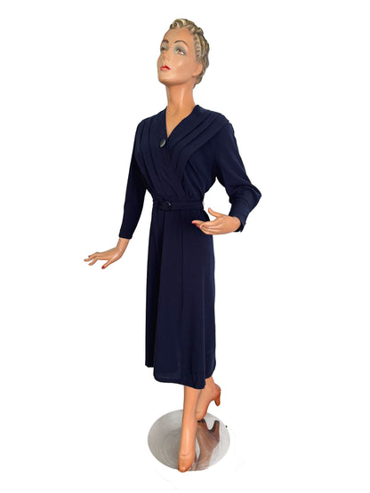 2XL 3XL | 1940s Navy Blue Wool Dress