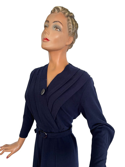 2XL 3XL | 1940s Navy Blue Wool Dress