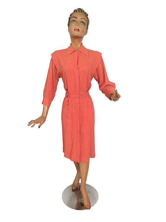 S | 1940s 1950s Flamingo Pink Gabardine Dress