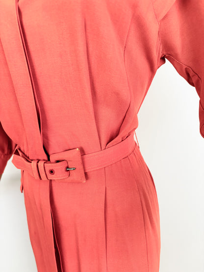 S | 1940s 1950s Flamingo Pink Gabardine Dress