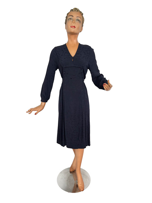 L | 1940s Navy Crepe Dress With Floral Motif