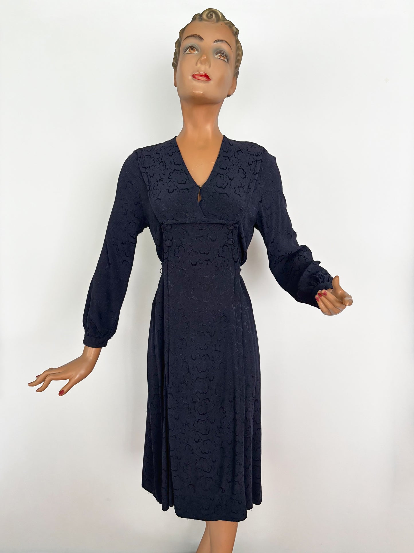 L | 1940s Navy Crepe Dress With Floral Motif