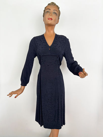 L | 1940s Navy Crepe Dress With Floral Motif