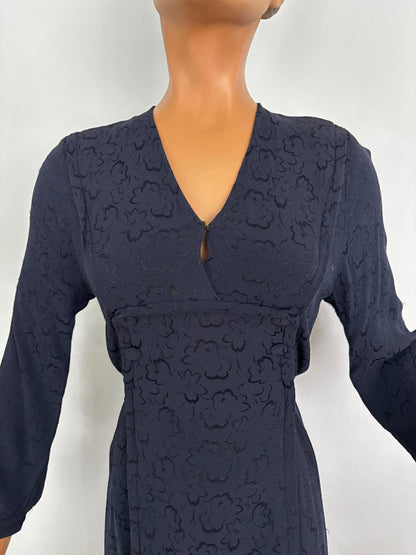 L | 1940s Navy Crepe Dress With Floral Motif