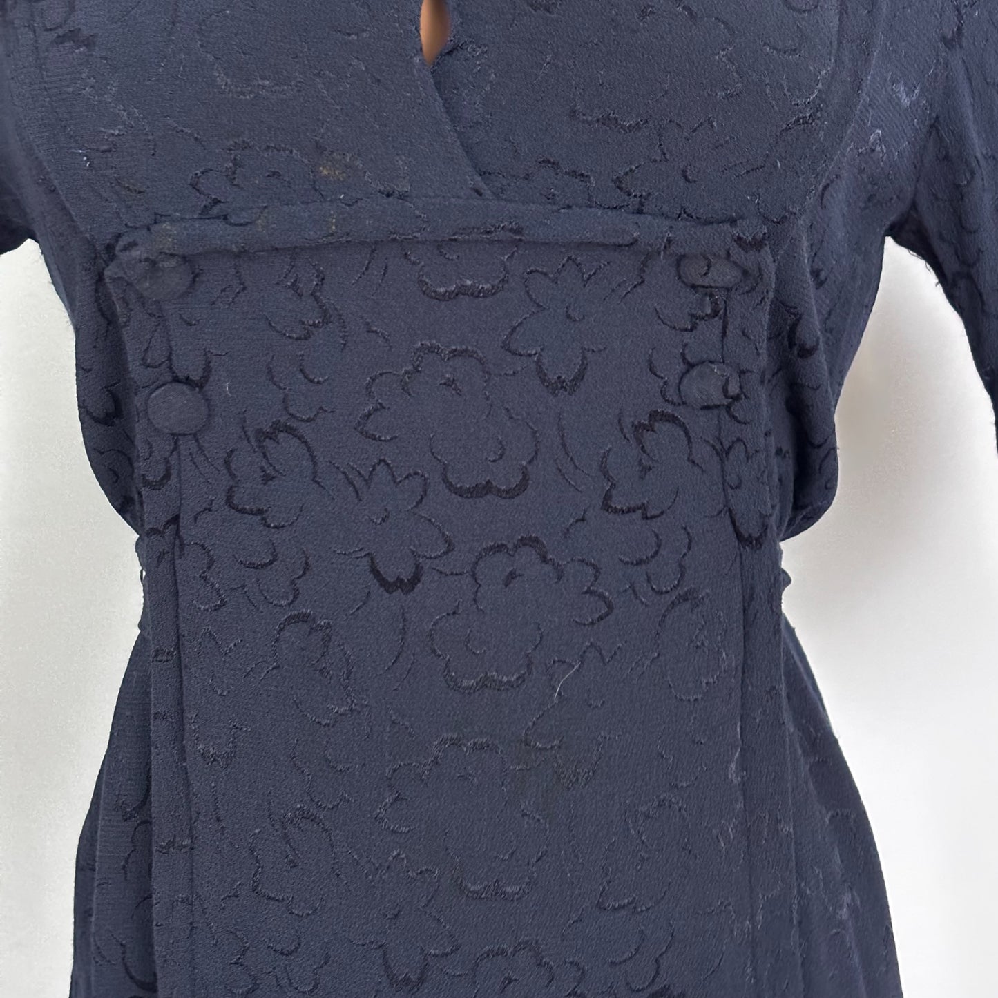 L | 1940s Navy Crepe Dress With Floral Motif