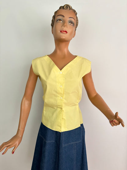 L | 1950s Yellow Cotton Poplin Blouse