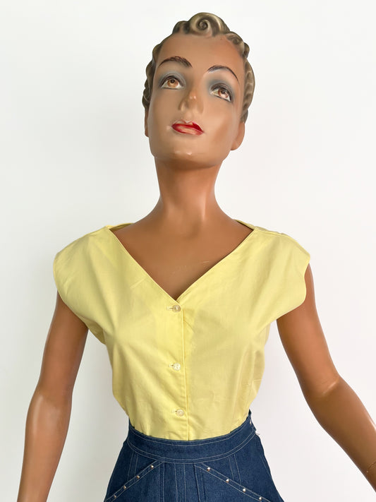 L | 1950s Yellow Cotton Poplin Blouse