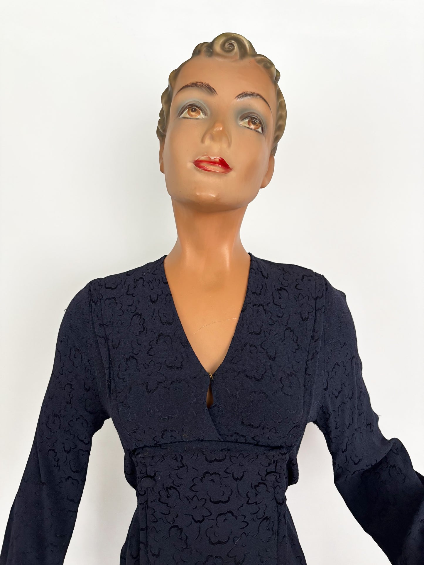 L | 1940s Navy Crepe Dress With Floral Motif