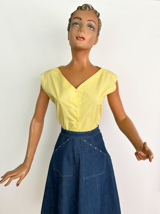 L | 1950s Yellow Cotton Poplin Blouse
