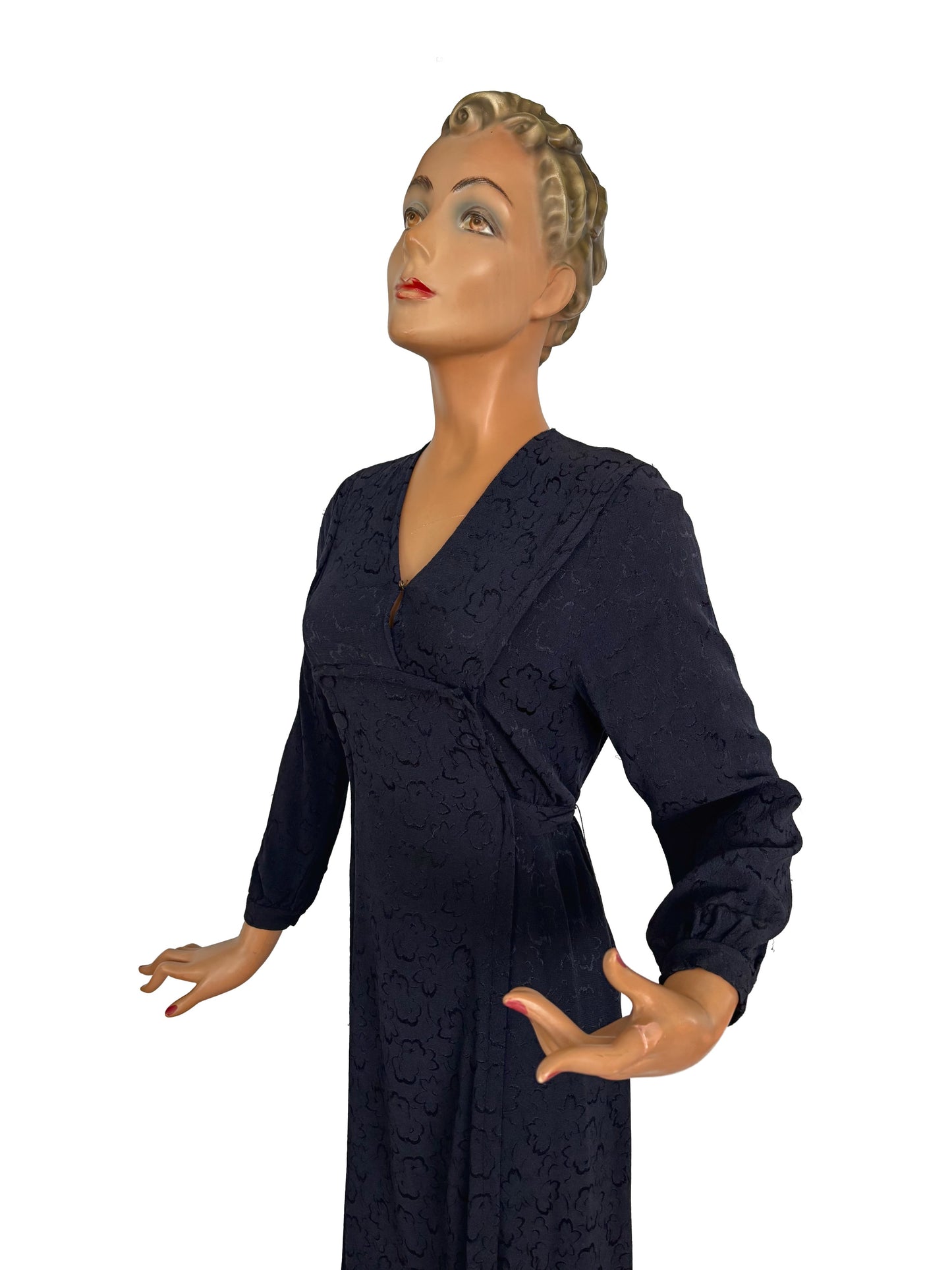 L | 1940s Navy Crepe Dress With Floral Motif