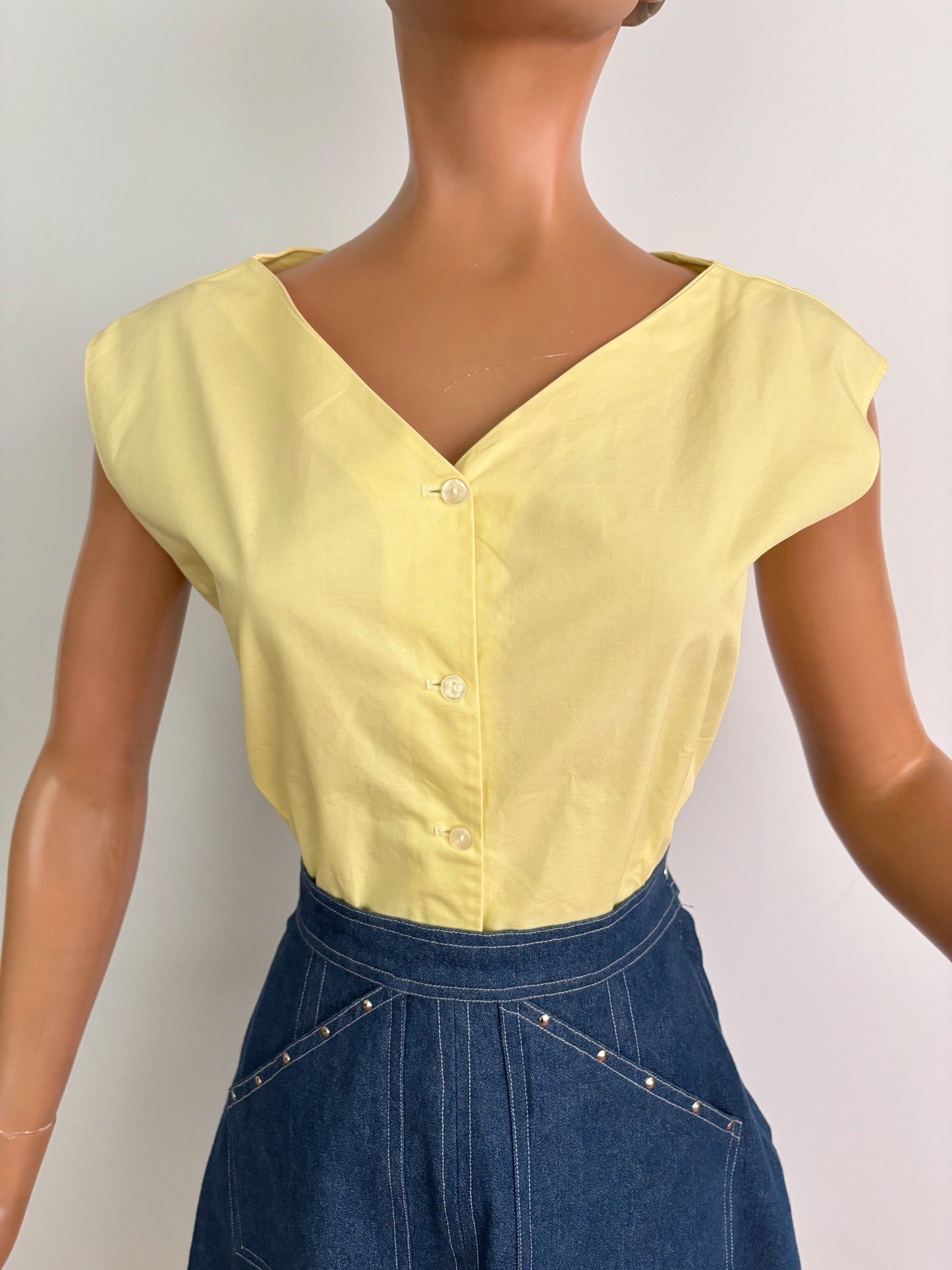 L | 1950s Yellow Cotton Poplin Blouse